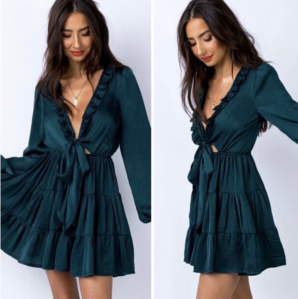 Princess Polly Dark Teal Emerald Green Tie Ruffle Long Sleeve Dress Women's 8